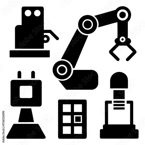 Modern Factory Automation – Robot Arm with Chip and Sensor Icons.