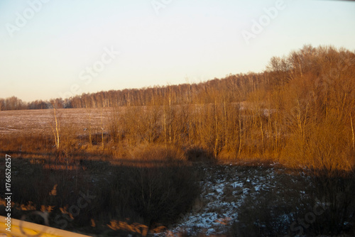 View from the window of a moving car on the countryside in winter