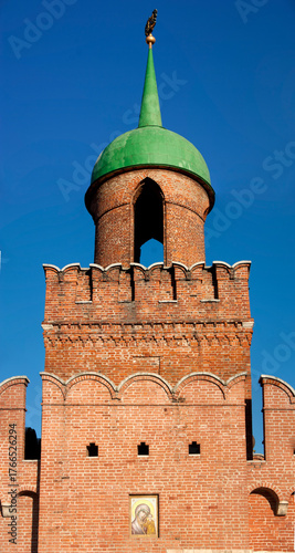 Kremlin wall in Tula, Russia. Red brick tower of the Kremlin wall