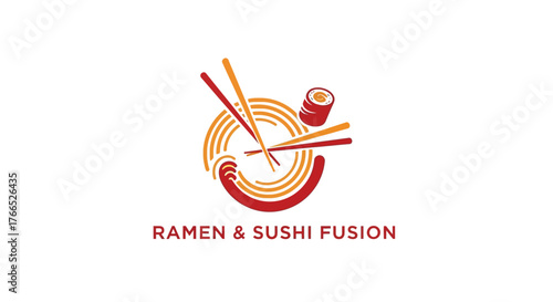Ramen and Sushi Fusion Logo Design with Chopsticks and Sushi Roll.