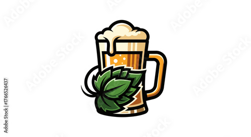 Refreshing Beer Mug with Hops Illustration.