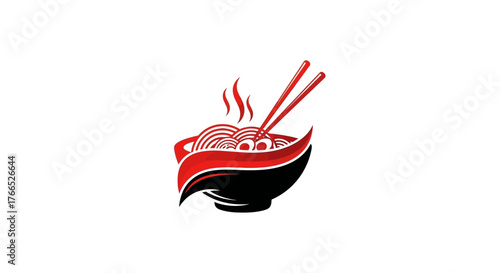 Steaming bowl of ramen noodles with chopsticks logo design.