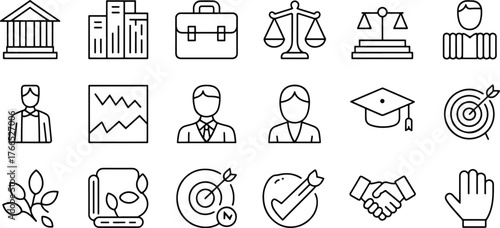 Business and legal service icons set for professional and academic themes in simple line art style