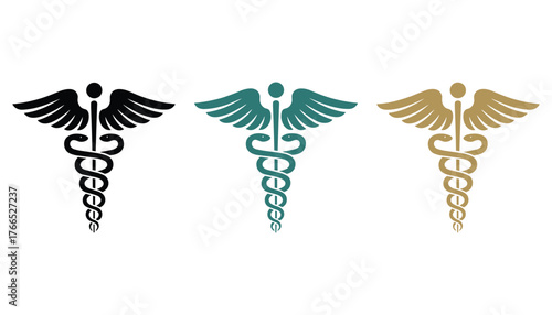 Three Caduceus symbols in black teal and gold on white background medical symbol healthcare