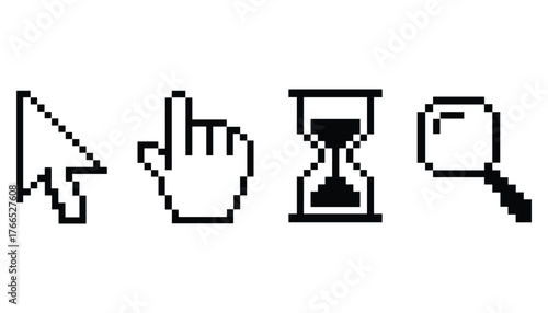 Pixelated computer cursors arrow hand hourglass magnifying glass icons pixel art