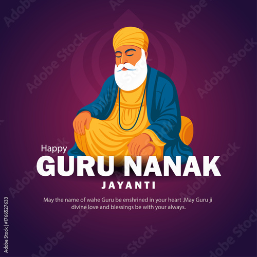 Happy Guru Nanak Jayanti Illustration with Guru Nanak Dev Ji in Meditation Pose on Purple Background