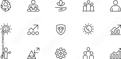 Collection of business and strategy icons representing growth teamwork environment and development for websites apps and presentations