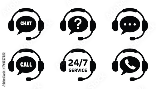 Six black headset icons with speech bubbles for chat call and service white