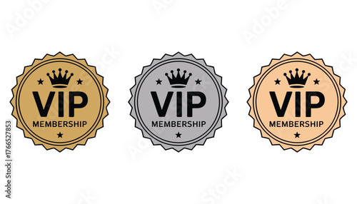 Three V I P membership badges gold silver bronze with crown and stars award recognition