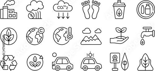 Collection of eco friendly and sustainable outline icons representing environmental awareness and protection efforts for a better planet