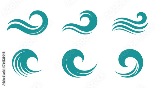 Six teal wave icons on a white background graphic design elements water ocean