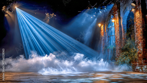 Bright beams of light dance above a misty stage set in an old brick venue, creating an enchanting atmosphere for a night of unforgettable performances