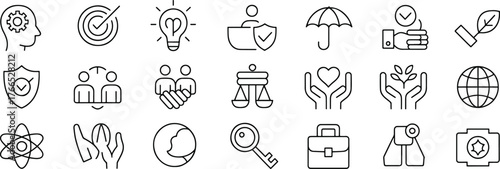 Collection of essential business icons representing various aspects of company operations and growth strategy elements