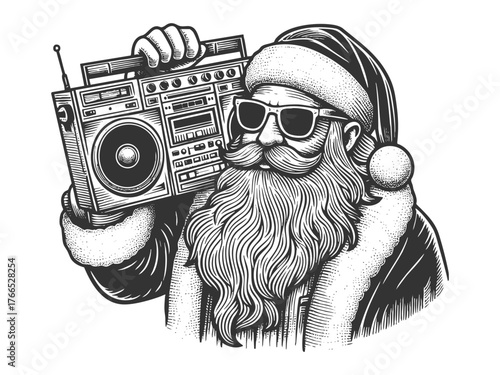 Santa Claus wearing sunglasses and holding a large boombox on his shoulder sketch engraving generative ai fictional character vector illustration. Scratch board imitation. Black and white image.