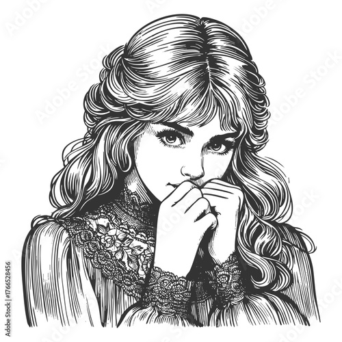 shy young woman with long wavy hair and lace details sketch engraving generative ai fictional character vector illustration. Scratch board imitation. Black and white image.