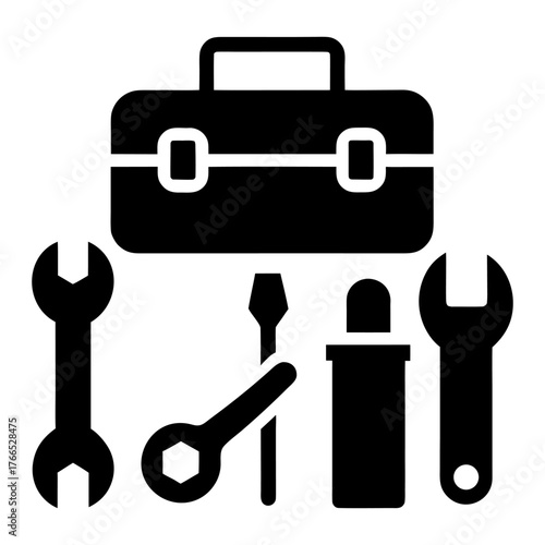 Screwdriver, Spanner and Toolbox Icons on White Background.