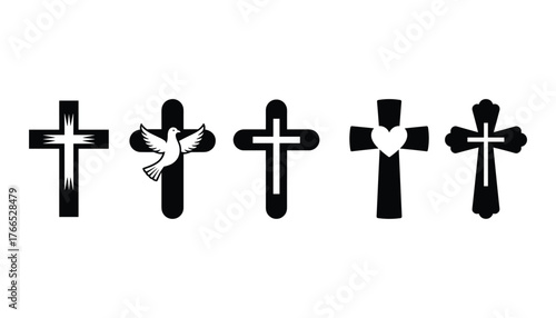 Collection of five black Christian cross silhouettes with dove and heart bird
