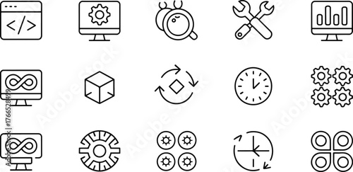 Collection of outline icons representing programming development software engineering and project management concepts for websites and applications