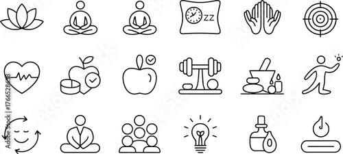 Collection of wellness and health icons representing healthy lifestyle choices and mental well being in vector format