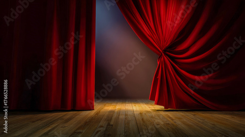 Red curtains part to reveal a vibrant stage, inviting anticipation for an exciting performance in a dimly lit theater