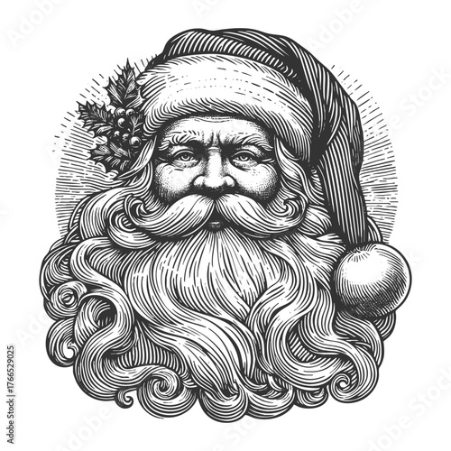 Santa Claus sketch engraving generative ai fictional character vector illustration. Scratch board imitation. Black and white image.