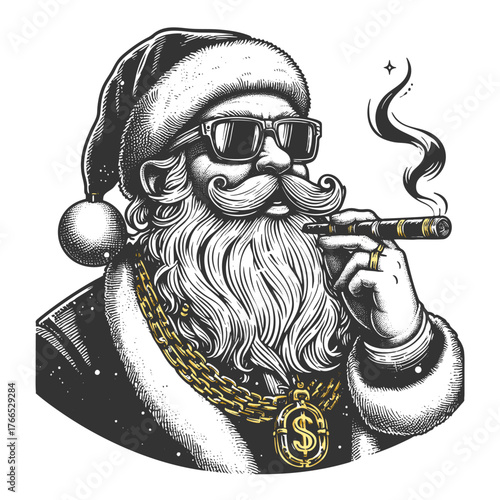Santa Claus wearing sunglasses, smoking a cigar, and dripping in gold chains and bling sketch engraving generative ai fictional character vector illustration. Scratch board imitation. Black and white.