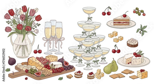 Celebration Feast Festive Champagne Tower, Charcuterie Board & Dessert