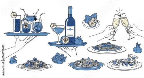 Elegant Dining Illustration Drinks, Pasta, and Celebration
