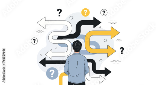 Decision Making Dilemma Man Facing Confusing Arrows, Choosing a Path Amid Uncertainty