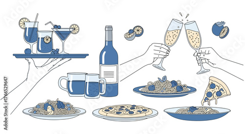 Elegant Celebration Drinks, Pasta, and Pizza Illustration