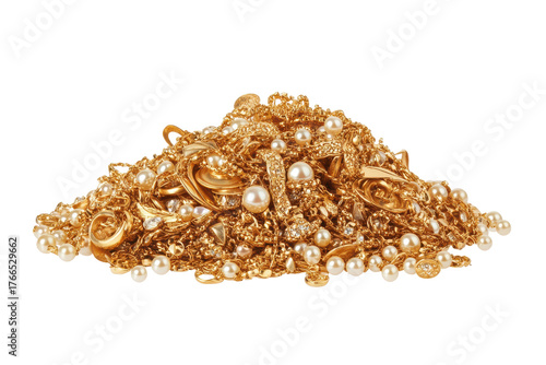 Ornate gold chain and pearl bracelet isolated on transparent background. Pile of Gold Jewelry and Pearls isolated on white background.