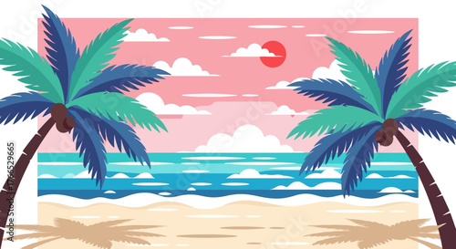 Tropical Beach Illustration with Palm Trees, Ocean Waves, and Sunset Sky for Summer Vibes