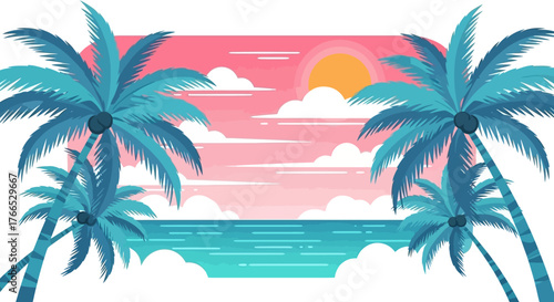 Tropical Palm Tree Seascape Illustration with Sunset