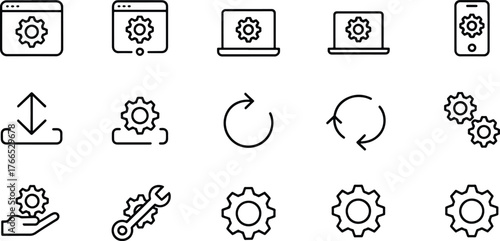 Modern Line Icons Set Representing Settings Configuration Options and Synchronization Processes for Digital Devices and Software