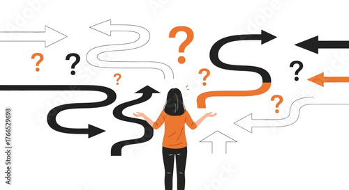 Decision-Making Dilemma Woman Surrounded by Confusing Arrows and Question Marks, Weighing Conflicting Directions