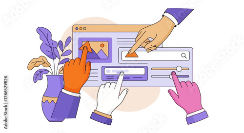 Website Design Illustration with Hands and Interactive Elements