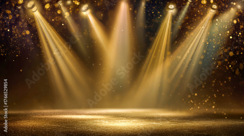 Spotlights illuminate a dazzling stage filled with shimmering lights, inviting creativity and performance from dancers and musicians in a grand setting