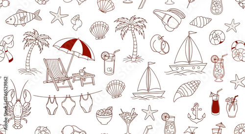 Summer Vacation Pattern with Beach and Sea Elements Hand-Drawn Style
