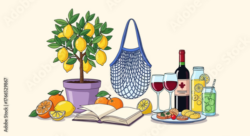 Fresh Food and Drink Still Life with Book and Lemon Tree Illustration