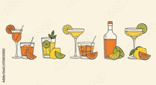 Vibrant Hand-Drawn Cocktails with Citrus Fruits Illustration