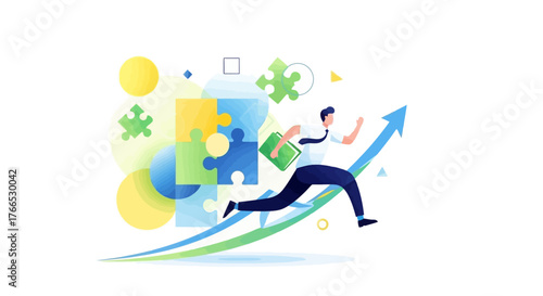 Business Growth A Man Runs Up an Arrow, Representing Success and Jigsaw Puzzle