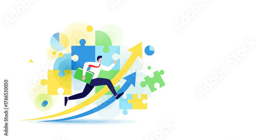 Business Growth Man Running on Arrow Path with Puzzle Elements
