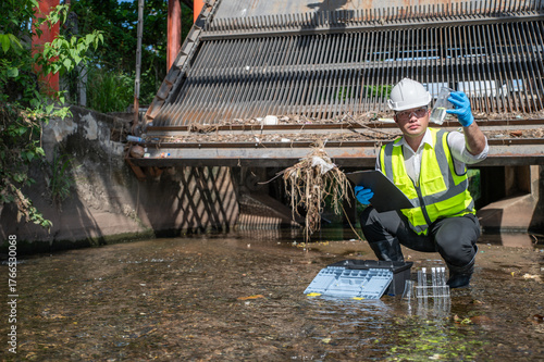 Environmental engineer collect water samples from drainage canals around the city and quality test