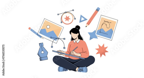 Illustration of a designer drawing with design elements floating around her