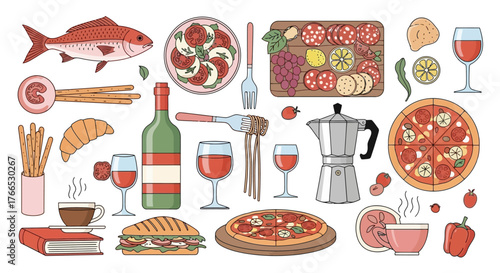 Array of Italian Food and Drink Illustrations