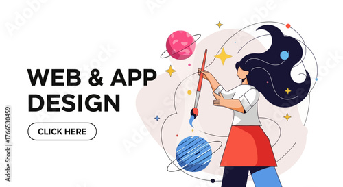 Web and App Design Illustration with Woman Painting Planets in a Universe-Themed Workspace