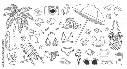 Summer Beach Vacation Outline Illustration - Relaxation & Holiday