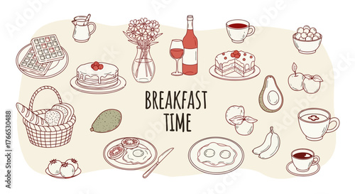 Breakfast Time Treats Delicious Food and Drink Vector Illustration