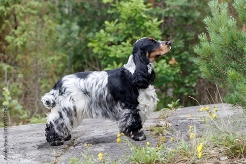 Portrait of a purebred English Cocker Spaniel. Wildlife. Summer. The dog stands on a rocky plateau and looks ahead. His coat is blue roan. Trees are visible in the background.