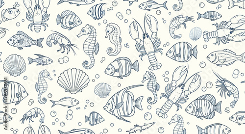 Oceanic Harmony Sea Life Pattern of Fish, Seahorses, Shells, and Lobsters